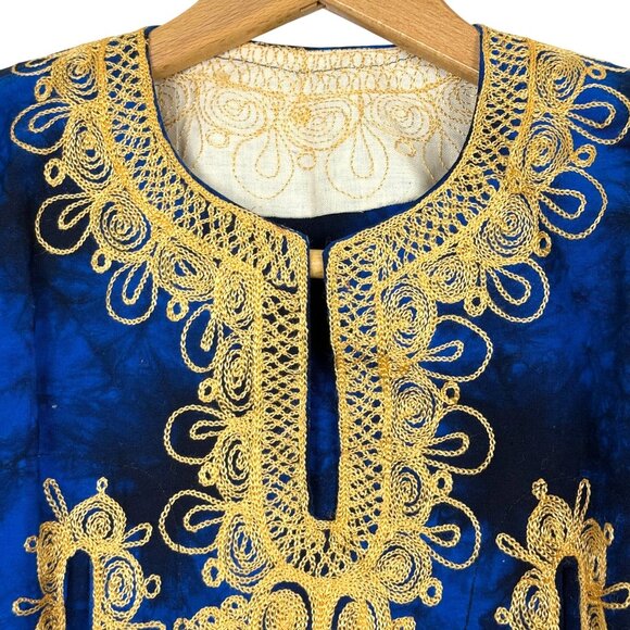 Handmade African Dashiki Shirt Small Blue Batik Tie Dye Gold Embroidered Pockets - Picture 2 of 9